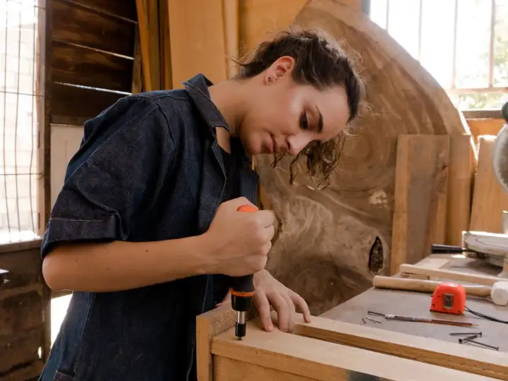 Carpintera trabajando una pieza de madera